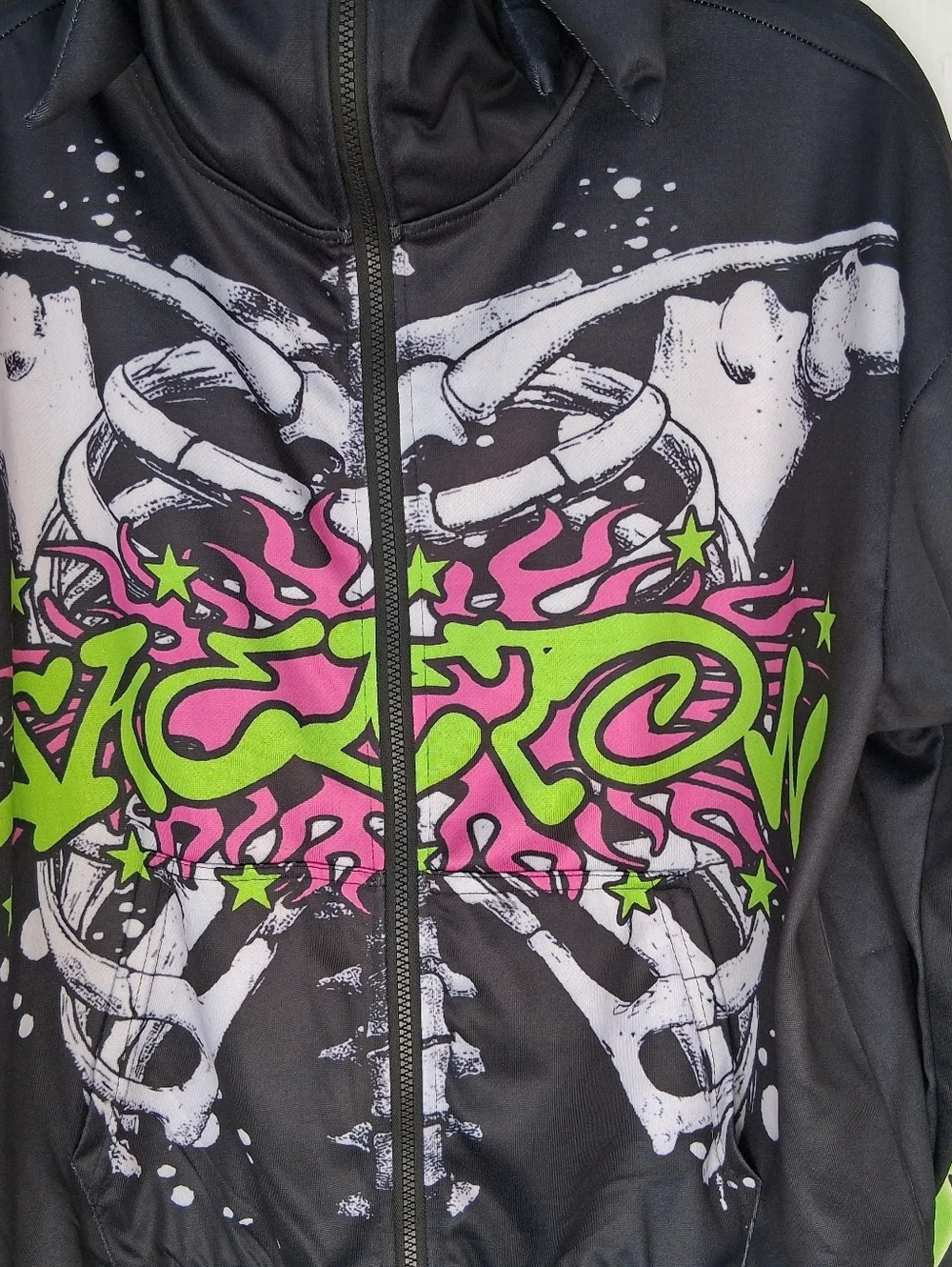 Romwe Black Spike Hooded Full Zip-Up Jacket Skeleton Graphic Print Men's Size S - Picture 9 of 10